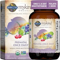 멀티비타민 Garden of Life Prenatal 비타민 엽산 for Energy amp건강한 태아 발달 변비 없는 철분 C B6 B12 D3 u2013 mykind Organ, [01] 30개(1팩)