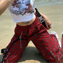 레드체크 펀칭 팬츠 / 밴딩 조거 링체인 캐쥬얼 바지