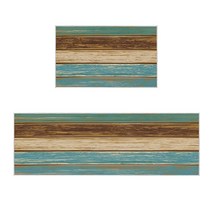 2피스 미끄럼 방지/미끄럼 방지 주방 러그 세트 피로 방지 방수 세탁 가능한 실내 매트 바닥 러너 욕실 부분 러그 블루 해상 소박한 오래된 헛간 나무 (50 x 80cm+50, 15.7 x23.6 +15.7 x47.2