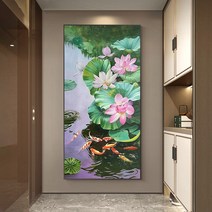 돈들어오는 구어도 비단잉어 연못 풍경 보석십자수 연꽃 비즈 그림 만들기 큐빅 아트 보석 퍼즐, 110x60cm