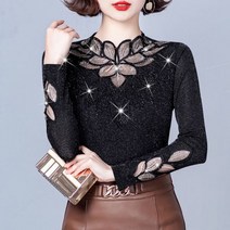 빅카라원피스 하객 원피스 미니 M-4XL 우아한 레이스 셔츠 가을 겨울 새로운 뜨거운 드릴링 긴팔 티셔츠 판매 꽃 메쉬 탑 Blusa