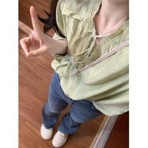 프릴 리본 러플 블라우스 오버핏 하늘하늘 코튼 면 그린 연두색 샤랄라 보세 수입 SY