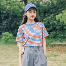 여성용 토미 스트라이프 라운드넥 반팔 티셔츠