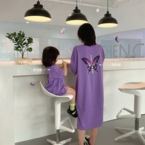 맘커플 모녀 시밀러룩 원피스 아빠아들 엄마랑딸 아기랑 커플룩 부모와 자식 반팔 티셔츠 스커트 여자 여름 보라색 나비 프린트 드레스