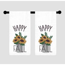 Natco Happy Fall 주방 타월 2개 세트 세련된 매칭 양면 화이트 면 테리 행주 해바라기 병 가을 및 추수 장식