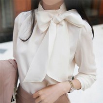 하프넥 왕리본 쉬폰 블라우스 블랙 화이트 S ML XL
