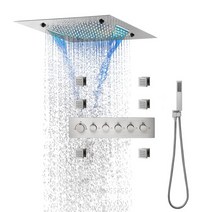 해바라기샤워기수전 고급스러운 대형 브러시드 니켈 20 인치 레인 5 기능 샤워 세트 온도 조절 욕실 목욕 탭 LED 음악 샤워기, 2.Brushed Nickel A - Phone Con