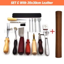 전문 손 바느질 가죽 공예 도구 키트 안장 그루버 스티칭 펀치 조각 작업 세트 DIY 액세서리용, SET C With Leather