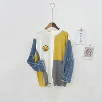 스마일 뽀글이 패치 청 배색 빈티지 니트