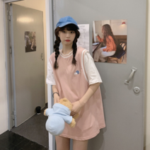 여름 빅사이즈 반팔 티셔츠 루즈핏 여름 여성 패치워크 반팔티 최대90kg STW2103048Z