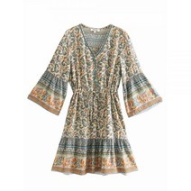 빈티지 여성 히피 꽃 프린트 v넥 보헤미안 미니 드레스 여름 플레어 슬리브 코튼 비치 Boho