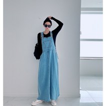 여성 봄 여름 가을 청 데님 롱 맥시 원피스 스커트 치 멜빵 케아멜빵데님스커트