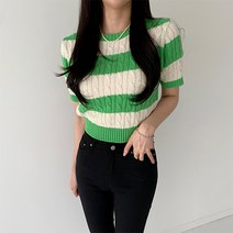 순이들 여성 봄 가을 단가라 스트라이프 꽈배기 반팔니트