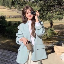 에코퍼코트 에코퍼코트 D1208뉴타입 작은키 고급 블루색 모직 정장 자켓 숏스타일 양면 캐시미어 코트여성 가을겨울
