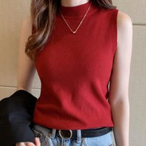 여성 니트 봄 여름 얇은 반목 셔츠 목폴라 민소매 나시티
