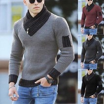 남자머슬핏니트 남성용 니트 넥워머 슬림 긴소매 목도리 카라, 빨간색