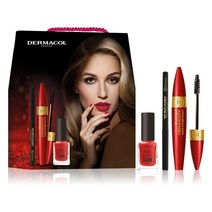 더마콜 옵세션 기프트 세트 (퍼펙트 룩용) - 5 Day Stay 먼로 레드 네일 폴리시 11ml + 16H Matic č.4 블랙 아이라이너 3g 마스카라 포 볼륨 앤 데피니션, Gift Set (For Perfect Look)