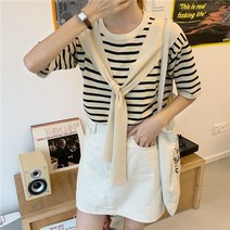 나루니 W03558 스프라이트 줄무늬 페이크숄 숄티셔츠 페이크망토 예쁜 여성반팔티 티셔츠