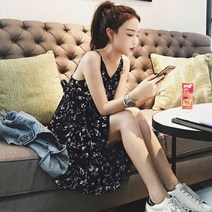 와이딜 여성 밑단 프릴 플라워 끈나시 원피스 DS-AL684