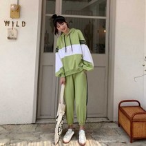 빅사이즈 가을 루즈핏 배색 후드 9부 조거 트레이닝 세트 중학생 원마일룩 그린 블랙