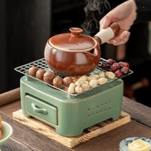 도자기 세라믹 숯불 차 일본식 화로대, 베이지색사각서랍난로+노란라탄옆손잡이냄비