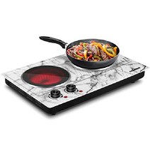 CUSIMAX 1800W 요리용 익덕션 - 세라믹 전기 플레이트 이중 제어 적외선 쿡탑, 스테인레스 스틸, 화이트 대리석 더블 버너