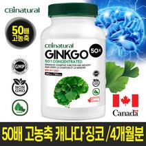 50배 고농축 징코 은행잎추출물 120야채캡슐 기억력/두뇌 혈액순환 하루 한캡슐 4개월/캐나다 생산 직발송/캐나다 식약청 GMP NPN인증, 1개, 120정