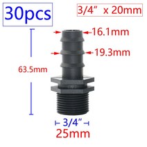30/15Pc 8mm 16mm 20mm 25mm 32mm PE 호스 바브 커넥터 1/2 "3/4" 1 "남성 여성 스레드 커플러 정원 관개 급수, 06 3I4 x 20mm