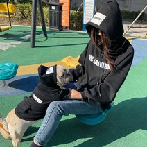 강아지견주커플룩 후드티 두꺼운 맨투맨 세트, 블랙