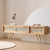 하이앤드리 다다 1600 라탄거실장 높은 빈티지 천연라탄 티비다이 슬라이딩 TV장식장, 월넛