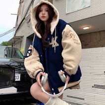 바시티자켓 자수 후드 야구 유니폼 여성 겨울 신입생 커플 아메리칸 레트로 플러스 벨벳 캐주얼 자켓 탑