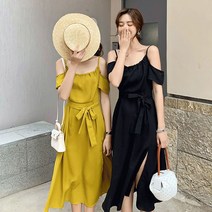 시원한원피스 오픈숄더 유니크 끈나시 핀턱 허리스트링 롱 원피스-72394EA