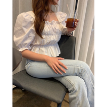 셀리온 벌룬 셔츠 퍼프 하객룩 스퀘어넥 프릴 셔링 블라우스 7부