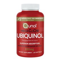 퀴놀 메가 코엔자임 코큐텐 유비퀴놀 Qunol Mega CoQ10 Ubiquinol Softgels 100mg 120소프트겔, 1팩