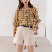 여름 블라우스 체크 프릴 블라우스 스퀘어넥 색상선택