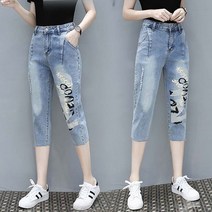 쁘띠꼬모 여성 슬림 7부 청바지 밴딩 세미 배기 일자 팬츠