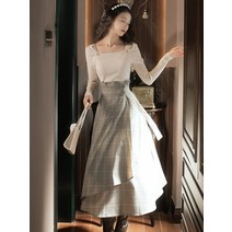 개화기 경성 스타일 사진 광고촬영 원피스 빈티지 언발 스커트 가을 겨울 여고 체크 우산 스커트 미디 a