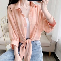 여름 여성 데일리 셔츠 얇은 긴팔 허리 매듭 블라우스 여자 쉬폰 여리핏 의류 패션