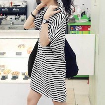 후드 반팔 미니 원피스 스트라이프 캐주얼 루즈핏 여성원피스 여름휴가철 -72394EA