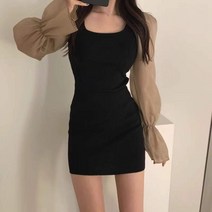POMTOR 쉬폰 퍼프소매 스퀘어넥 타이트원피스