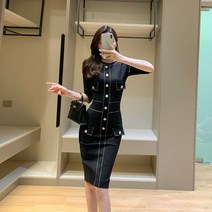 배색 스티치 골드 진주 단추 미디 원피스 하객룩 빅사이즈 S-2XL