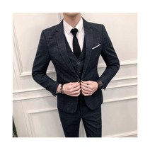 (재킷 + 조끼 바지) 남성용 코튼 비즈니스 체크무늬 블레이저/남성 슬림핏 캐주얼 원피스/쓰리피스 정장 코트