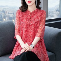 알리팡(Alipang) 봄 여름 중년 여성 상의 반팔 반소매 셔츠 헨리넥셔츠 빅사이즈 넉넉한 5부소매 시원한 쉬폰셔츠 쉬폰 블라우스 페이즐리 프릴 튜닉