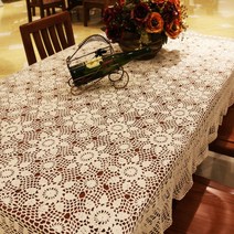 손뜨개 꽃 면레이스 테이블보, 120x170CM, 흰색