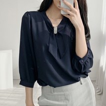 빅걸스토리 빅사이즈 여성 7부소매 큐빅리본 줄리 보석 블라우스