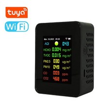 이산화탄소측정기 CO2측정기 TuyaWifi 휴대용 공기 품질 7 in 1 PM25 PM10 TVOC HCHO AQI 테스터 TFT 컬러 스크린 시간 날짜 표시, Black
