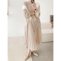 루즈핏 플리츠원피스 허리 스트링 도트 롱원피스