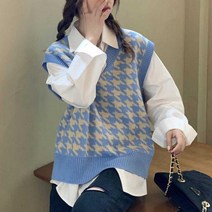 ECG087584여자 트윈룩 여행 코디 하운즈 패턴 브이넥 베스트