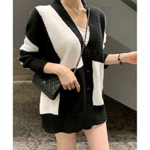 배색 사각패턴 포인트 루즈핏 여성 가디건 하의실종 데일리 캐주얼룩 (1color)