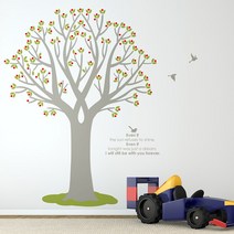 포인트스티커벽지 셀프리모델링 인테리어스티커 자매방인테리어 S449 열매나무(나무1그루) (완제품B), 화이트（나무）＋그린（잎）＋레드（열매）